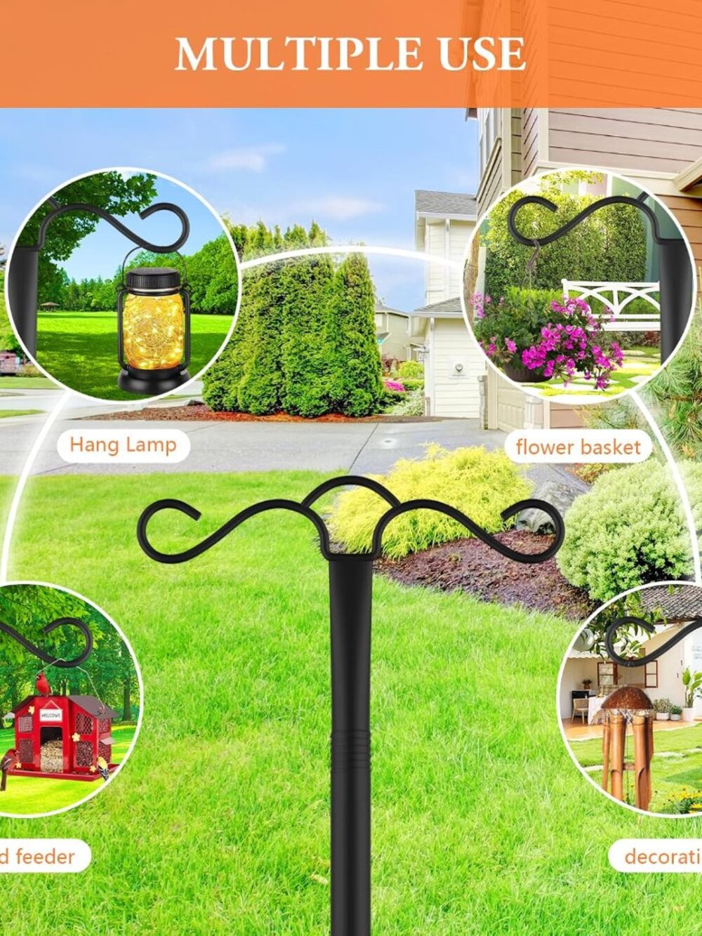 2 Pack 90 inch Double Shepherds Hook for Outdoor with 5 Prong Base